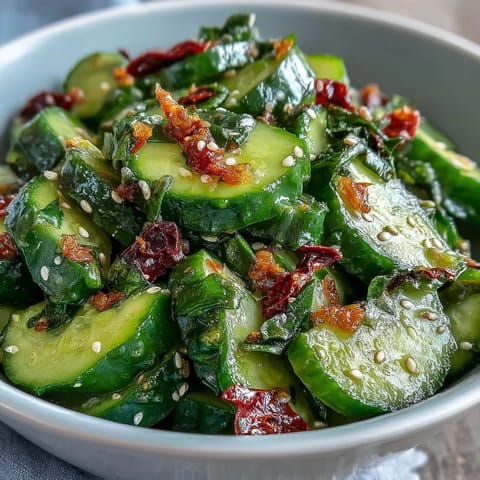 Crispy smashed cucumbers tossed in tangy garlic chili oil dressing, garnished with sesame seeds and scallions.