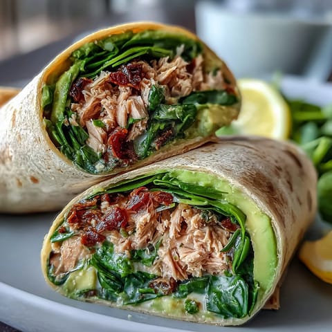 Healthy Easy 5-Ingredient Avocado Tuna Wraps: creamy avocado and flaky tuna wrapped in whole wheat tortillas with fresh spinach for a light, protein-rich meal.