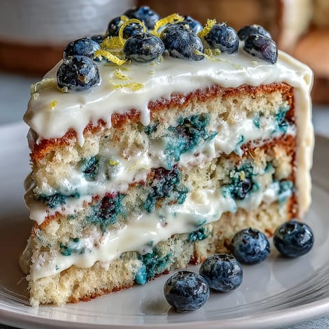 A stunning lemon blueberry birthday cake with fluffy layers, fresh berries, and tangy lemon frosting—perfect for spring celebrations.