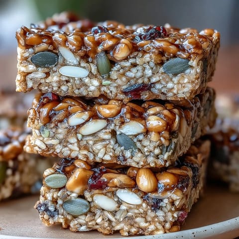 Chewy nut-free granola bars loaded with oats, seeds, and dried cranberries, drizzled with honey for natural sweetness.
