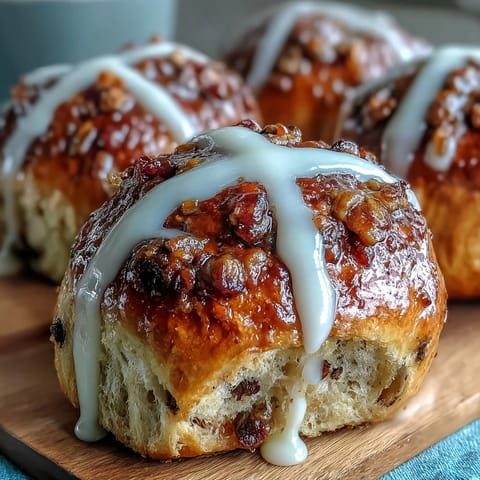 Golden hot cross buns with orange glaze, soft and spiced, topped with a shiny citrus drizzle and piped crosses.