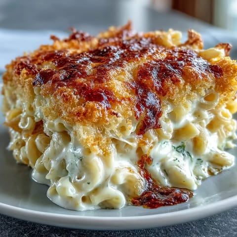 Creamy Mac and Cheese Bake with golden, bubbling cheddar sauce and crunchy panko topping.