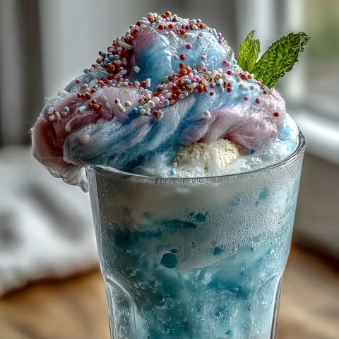 Cotton candy lemonade float with vanilla ice cream, garnished with lemon slices and mint leaves in a sprinkle-rimmed glass.