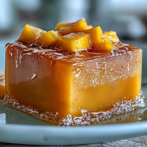 Close-up of vibrant Mango Agar-Agar Jelly Cubes topped with creamy coconut milk.