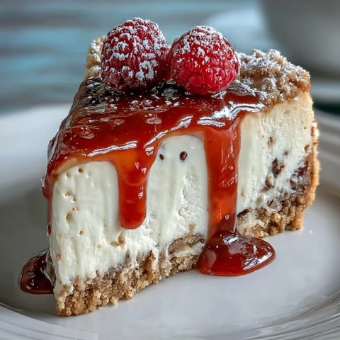 Mother's Day No-Bake Cheesecake adorned with vibrant, drizzled raspberry coulis.