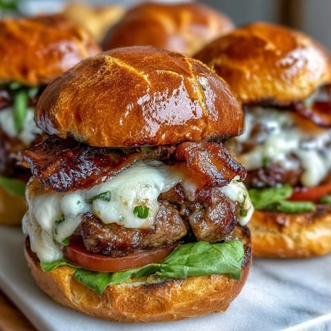 Delicious Easy Father's Day Grilled Bacon Burger Sliders with melted cheese.
