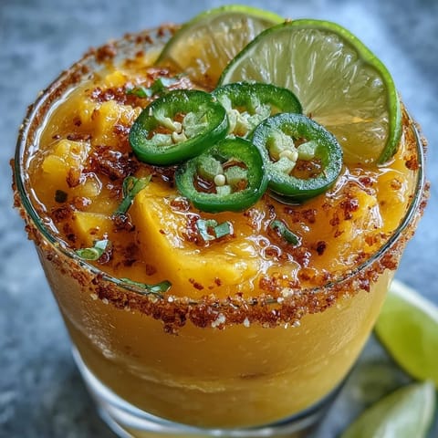 Delectable spicy mango margarita slushie, brimming with sweet fruit and zesty lime flavor.