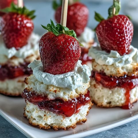Delectable Mini Strawberry Shortcake Bites bursting with summer fruit and creamy whipped topping.