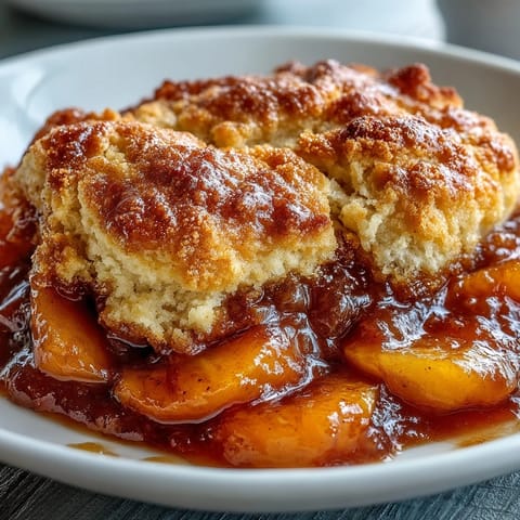 Warm, bubbling peach cobbler with golden biscuit topping, a delightful Southern dessert.