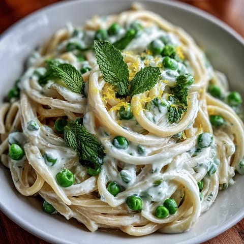 Creamy Lemon Ricotta Pasta with bright peas and fresh mint.