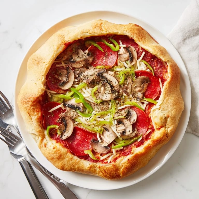 A close-up of Stuffed Crust Pizza topped with pepperoni, bell peppers, and mushrooms.
