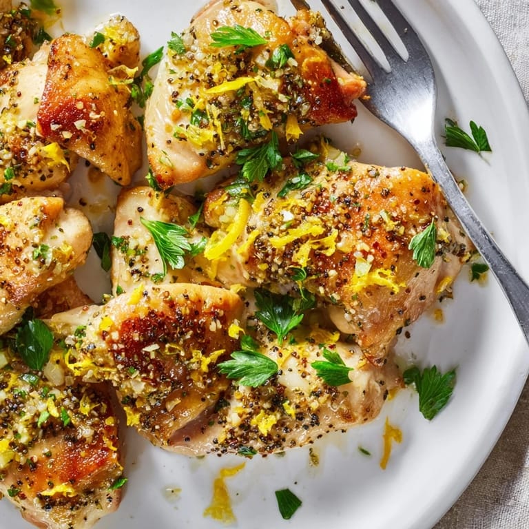 Sliced Lemon Pepper Chicken served on a white plate with roasted vegetables and a drizzle of pan juices.