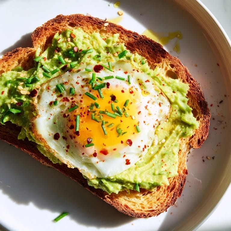 Creamy smashed avocado spread on toasted whole-grain bread topped with an egg and olive oil.