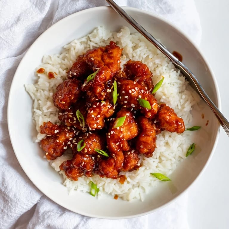 A steaming plate of General Tsos Chicken with tender fried chunks, vibrant red sauce, and sliced scallions, ready to be enjoyed for dinner.