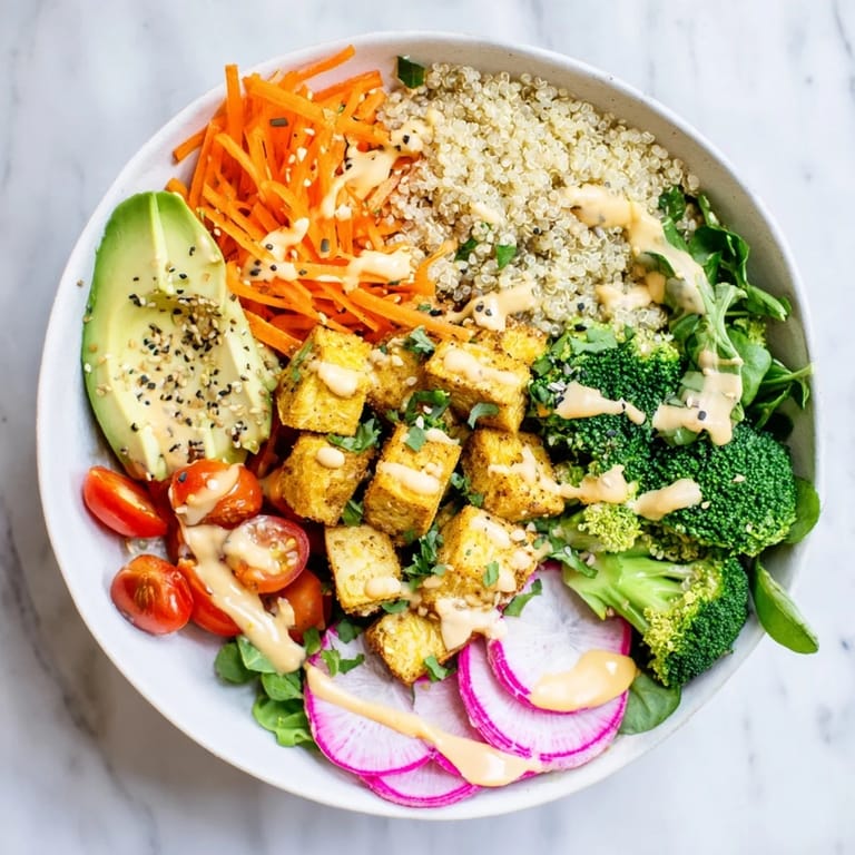 Golden chicken and quinoa Buddha Bowl topped with crisp broccoli, carrots, and sesame seeds.