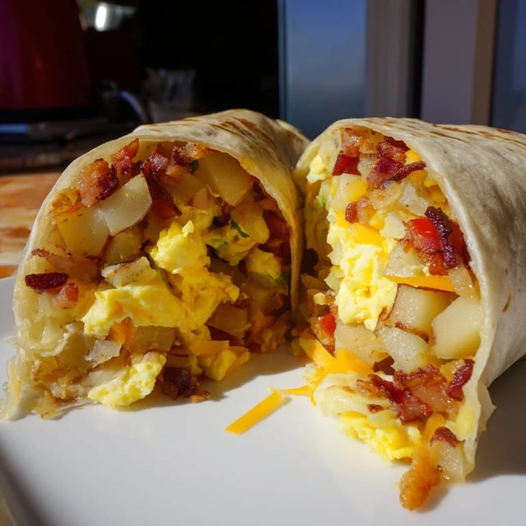 Freshly prepared Breakfast Burrito with sausage, peppers, and onions, served hot with a side of salsa for dipping.
