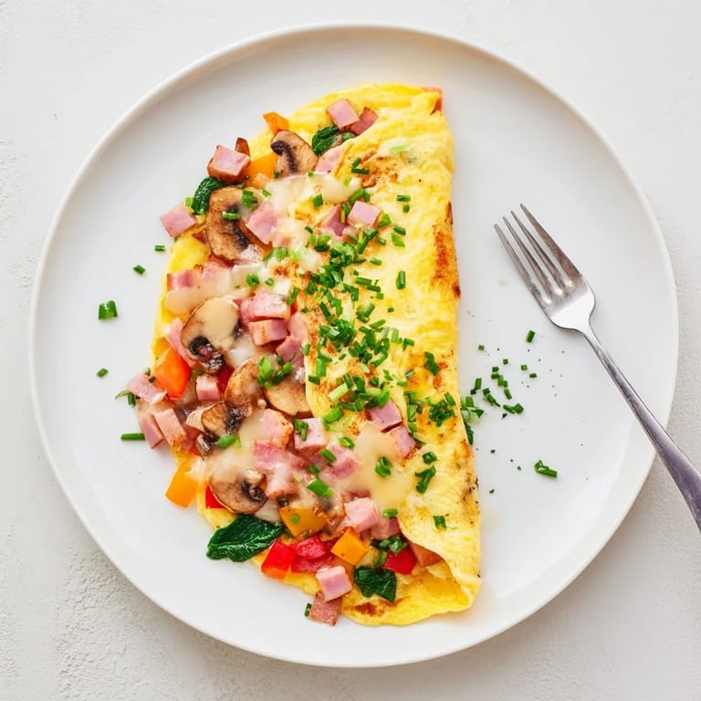 Rustic omelet with cheese featuring a creamy center, garnished with chives and served with roasted potatoes.