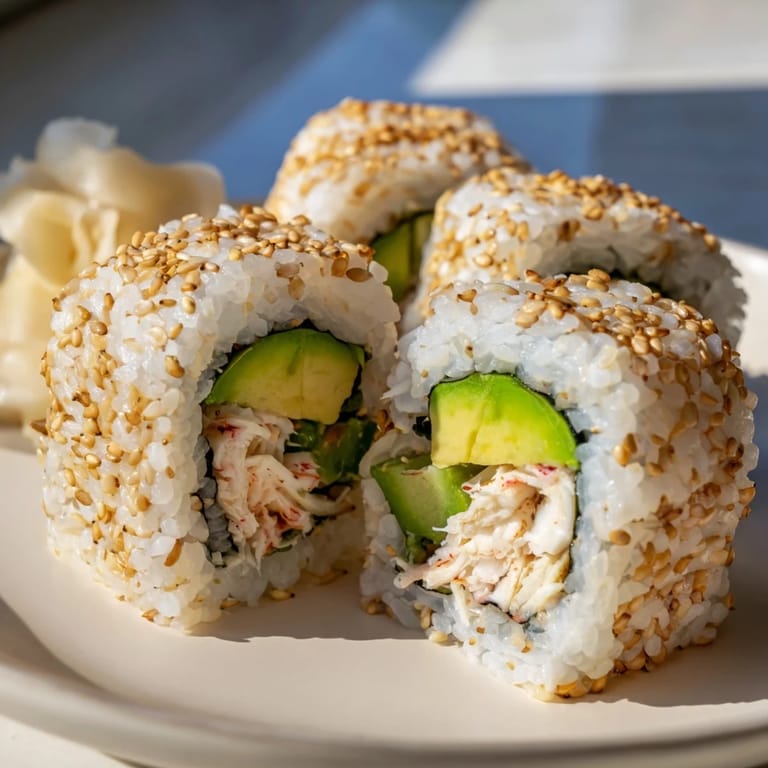 Ready-to-serve California Roll pieces arranged on a platter with soy sauce, ginger, and wasabi.