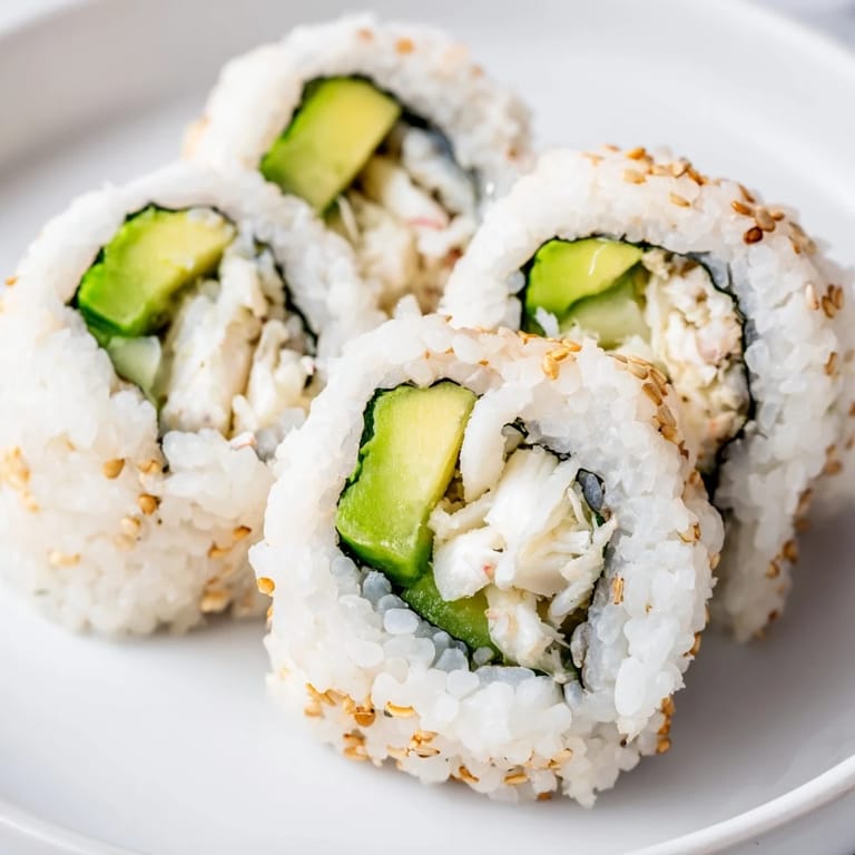 Close-up of a sliced California Roll showing layered crab and avocado on seasoned sushi rice.