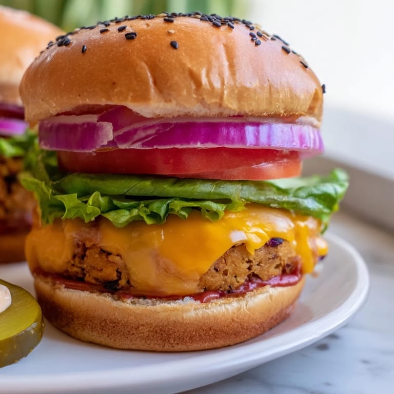 Freshly cooked Veggie Burger patty on a toasted bun with crisp veggies and melty cheese, ready to eat.