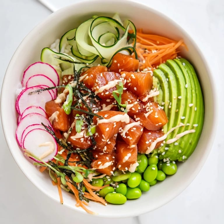 Colorful DIY Poke Bowl station with sushi rice base, vibrant toppings, and soy sauce for a delicious custom meal.