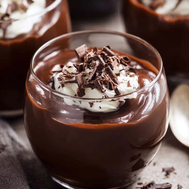 Two chilled glasses of silky chocolate pudding, elegantly presented for an upscale dessert course