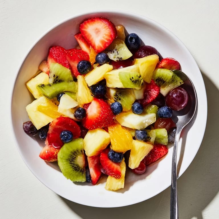 Fresh Fruit Salad tossed in citrus syrup, ready to serve as a light, refreshing dessert for four.