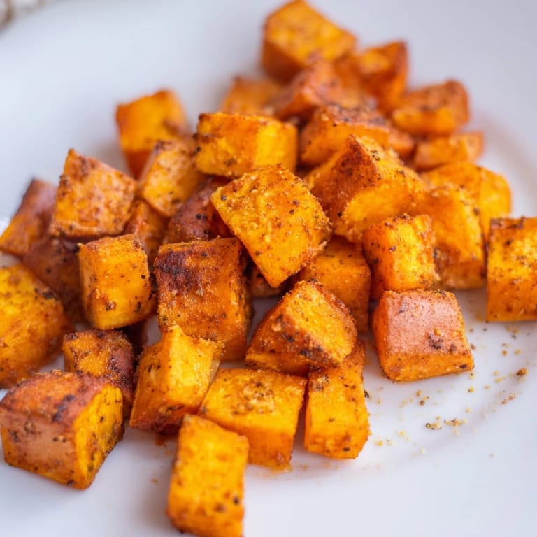 Caramelized Roasted Sweet Potatoes served as a rustic side dish, garnished with fresh parsley on a wooden table.