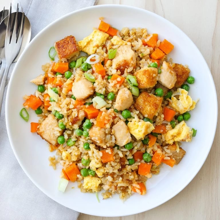 A close-up of homemade Chicken Fried Rice with fluffy scrambled egg pieces, sliced green onions, and steam rising from the hot wok.