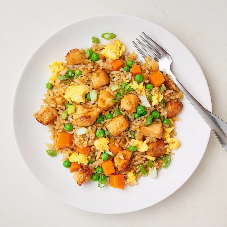Easy one-pan Chicken Fried Rice served in a bowl, garnished with fresh scallions, perfect for a quick family meal.