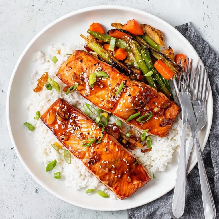 Freshly cooked Honey Garlic Salmon fillets garnished with green onions and sesame seeds on a white plate.