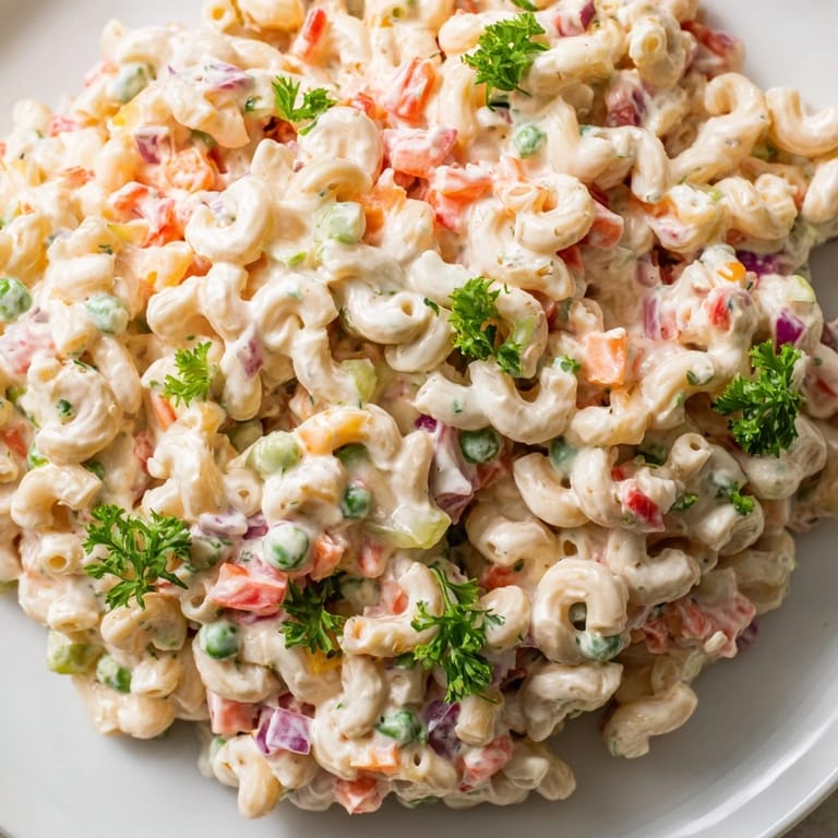 Fork-full of bright, tangy Macaroni Salad featuring crunchy celery, bell pepper, and tender pasta.