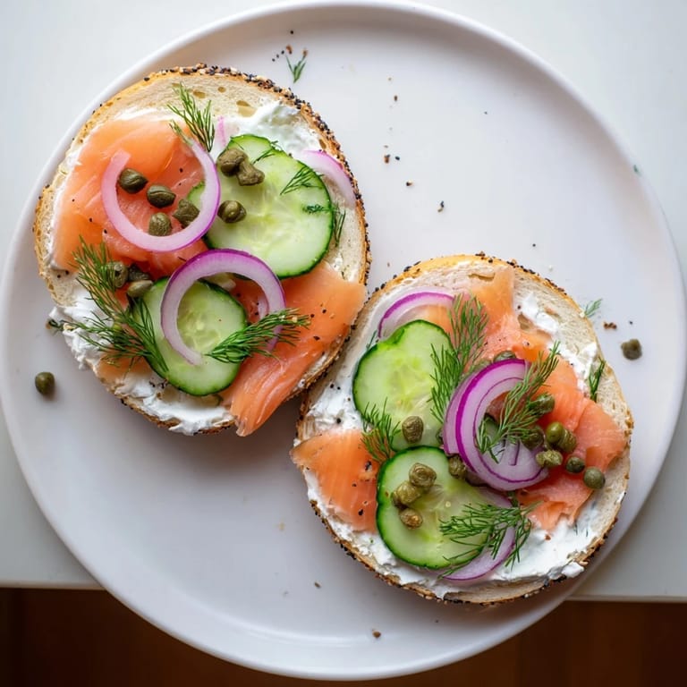 Golden-brown bagel with cream cheese, topped with smoked salmon, red onion, and capers for a savory brunch treat.