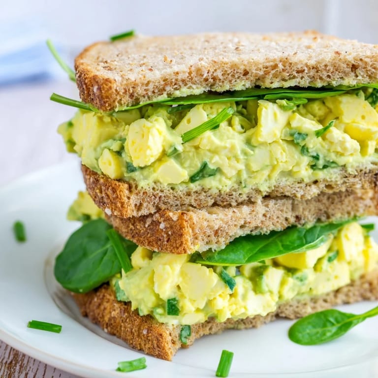 An overhead view of an avocado egg salad sandwich plated with sliced tomatoes and baby spinach, ready for a healthy lunch.