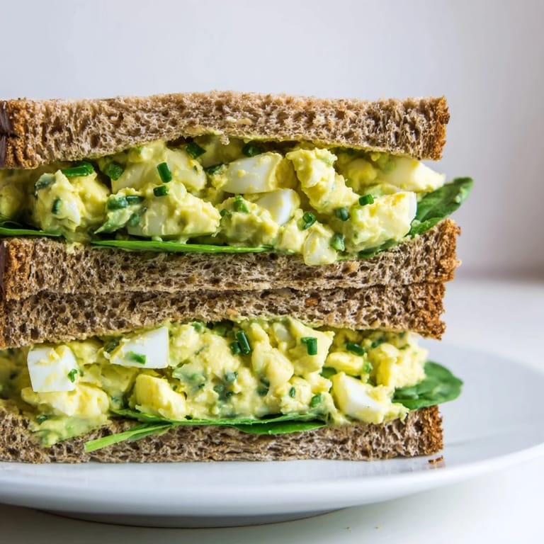 A hand holds a half-eaten avocado egg salad sandwich, revealing tender egg chunks and bright green avocado on toasted whole grain bread.  