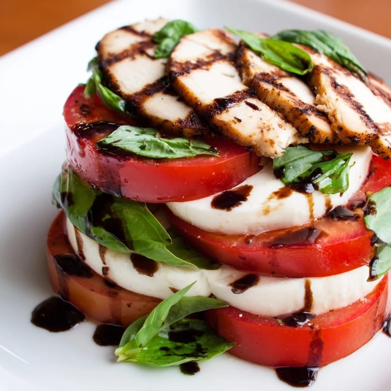 A close-up of juicy Chicken Caprese Salad shows sliced grilled chicken, creamy mozzarella, and basil leaves with a glossy balsamic drizzle on a rustic wooden table.