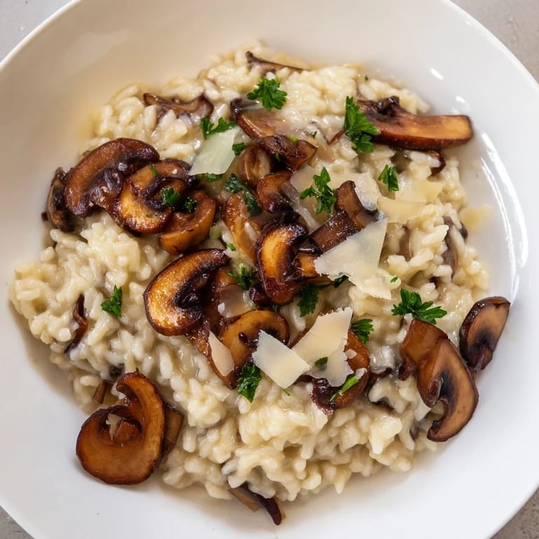 Spoon lifting a bite of Roasted Mushroom Risotto, revealing creamy arborio rice, thyme, and savory roasted mushrooms.