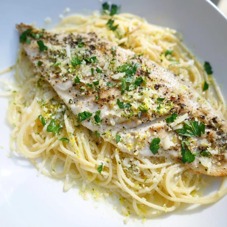 A close-up of flaky grilled white fish atop zesty lemon bass pasta, garnished with parsley and Parmesan cheese.
