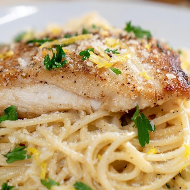 Savory lemon bass pasta featuring tender grilled fish, garlic, and herbs, served with lemon wedges for a fresh finish.