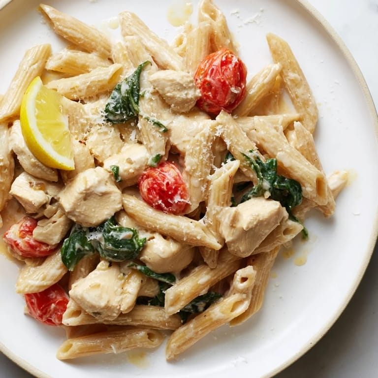 A vibrant bowl of Greek Yogurt Chicken Pasta, showcasing a colorful mix of protein-rich chicken, whole wheat pasta, juicy tomato halves, and bright green spinach swirled in a healthy, creamy sauce.