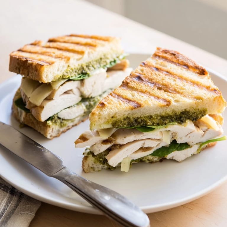 Warm Ciabatta Chicken Pesto Panini pressed to perfection with melted mozzarella and fresh tomato slices.