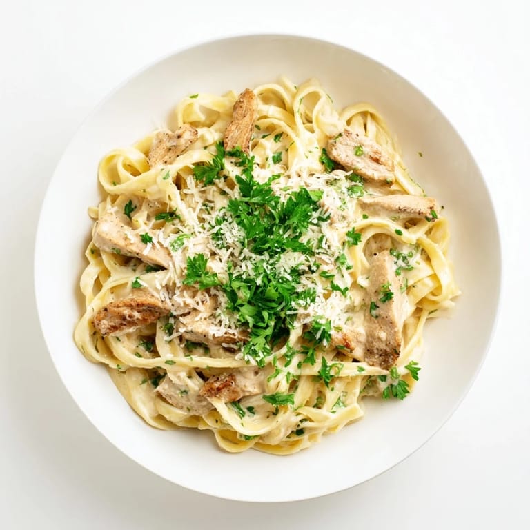 A fork lifts a bite of Cajun Chicken Alfredo, showcasing silky sauce clinging to pasta and seasoned chicken slices.