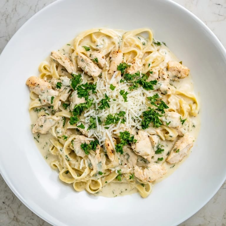 Steam rises from a skillet of Cajun Chicken Alfredo, featuring vibrant spices and rich, creamy sauce for a comforting dinner.