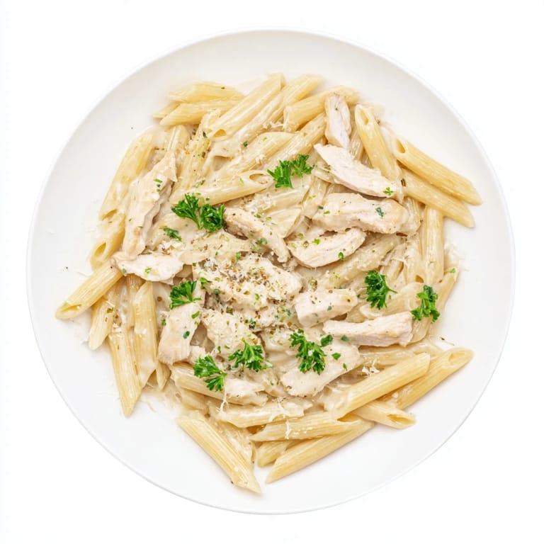 Hearty Italian-American roasted garlic chicken penne served warm with a swirl of fresh parsley and a glass of white wine.
