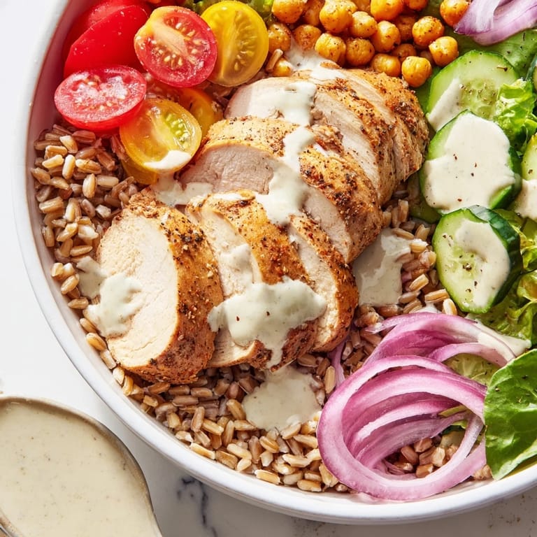 A vibrant bowl of Lemon Tahini Chicken Power Bowl with roasted chickpeas, fresh greens, and diced tomatoes, all drizzled with tangy tahini dressing.