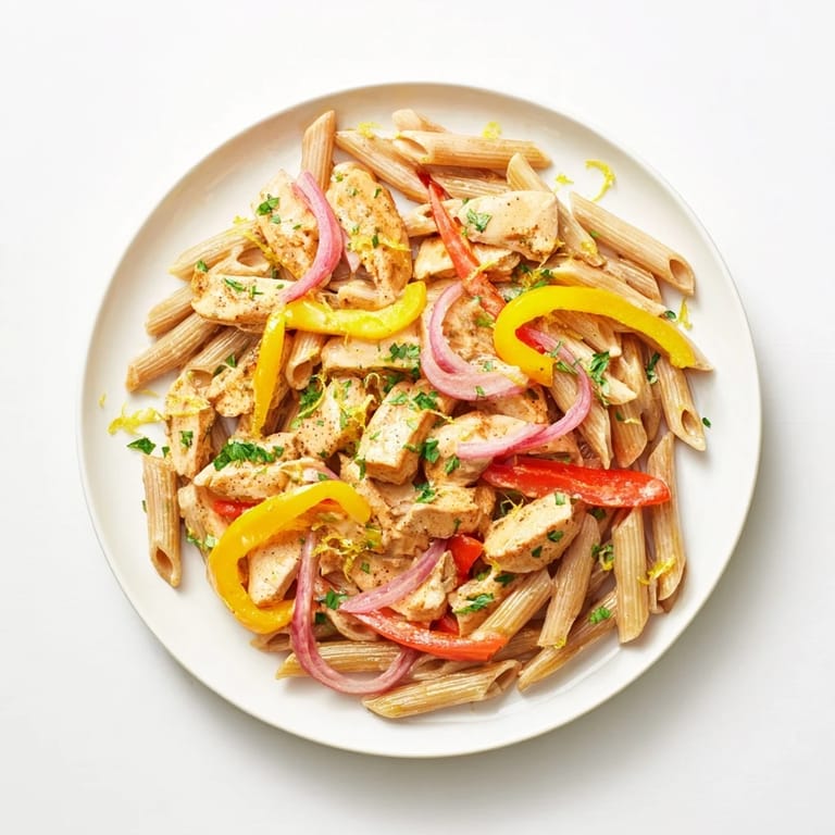 Close-up of creamy Cajun Chicken Pasta Lite, with juicy chicken strips and al dente penne coated in a rich, spicy sauce.