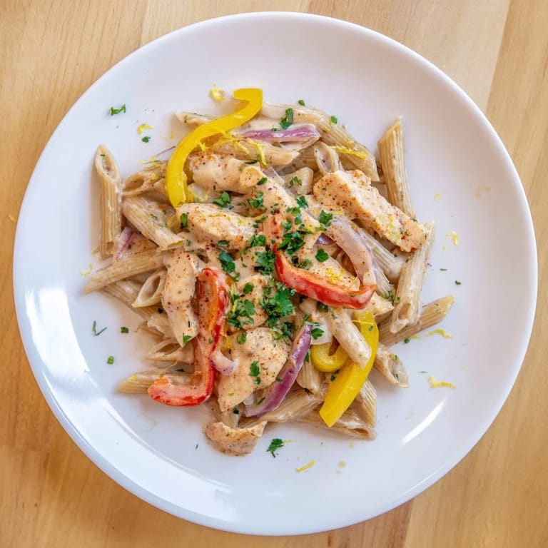 Hearty bowl of Creamy Cajun Chicken Pasta Lite, perfect for a quick weeknight dinner, steaming and ready to enjoy.