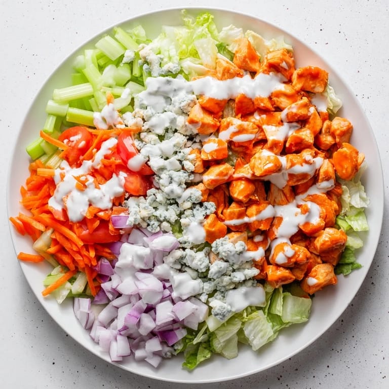 A serving of this zesty Buffalo Chicken Chopped Salad pairs well with crisp celery sticks and tangy blue cheese.