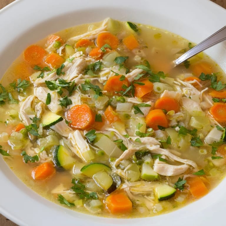A steaming bowl of Spring Garden Chicken Soup with zucchini and celery, served with crusty bread for a comforting family meal.