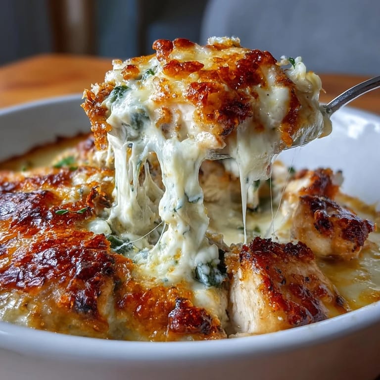 Creamy spinach artichoke chicken bake, ready for serving with a fresh salad.